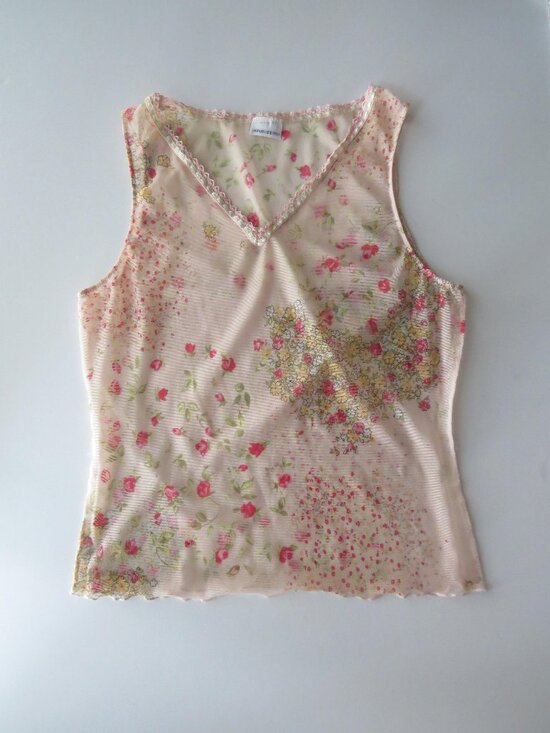 Intimissimi Tops - Vintage Italian Sheer Pink Floral Mesh Tank Top, Vintage Intimissimi Ditsy Rose